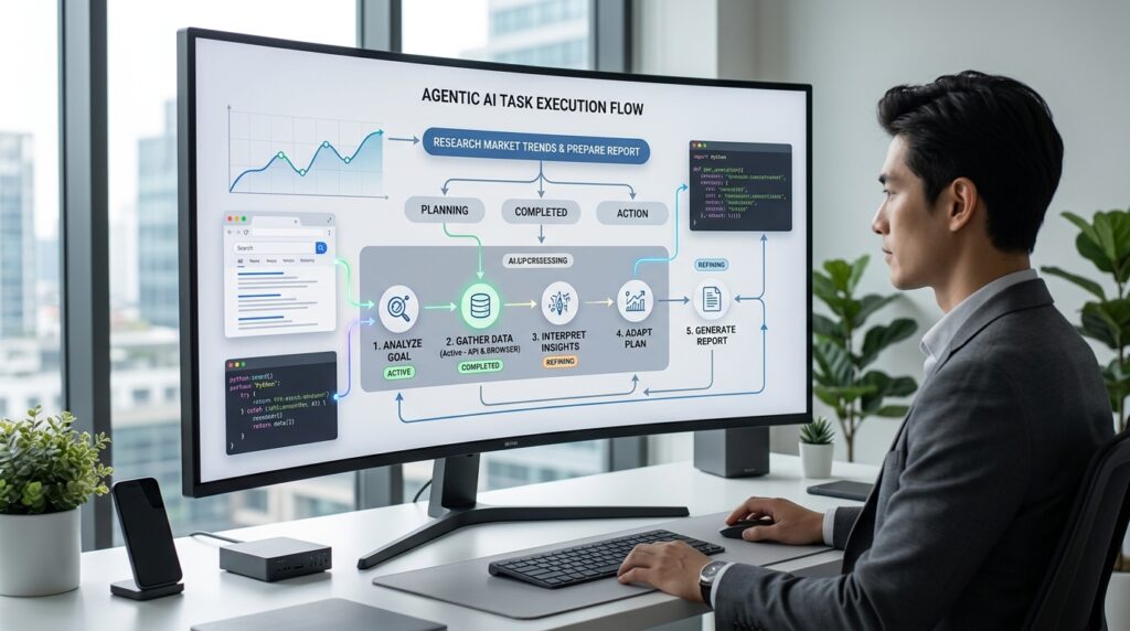 According to Stanford's Institute for Human-Centered AI, agentic AI refers to AI systems designed to act as autonomous or semi-autonomous agents, capable of setting or interpreting goals, planning and sequencing actions, using tools like web browsers, code, or APIs, and adapting over time to complete tasks with minimal ongoing human input.