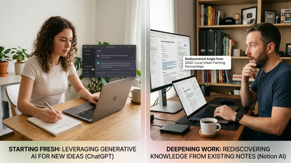 A freelancer just starting a new niche blog with no existing Notion content might get more useful first-draft ideas from ChatGPT, while an established creator with two years of notes in Notion might find Notion AI surfaces angles they'd genuinely forgotten about