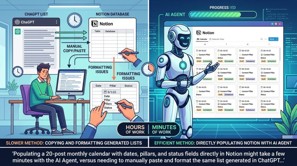Populating a 20-post monthly calendar with dates, pillars, and status fields directly in Notion might take a few minutes with the AI Agent, versus needing to manually paste and format the same list generated in ChatGPT.