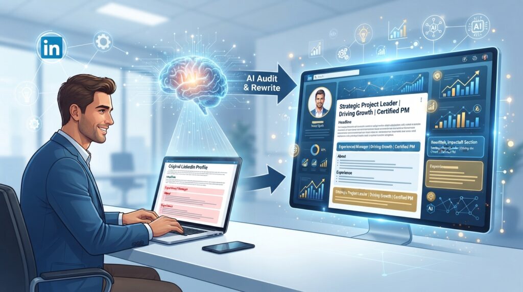 AI LinkedIn profile optimization means using an AI tool to audit your existing LinkedIn profile — headline, About section, Experience bullets, Skills — and rewrite the weak spots using proven formulas and your own real accomplishments, rather than generic templates.
