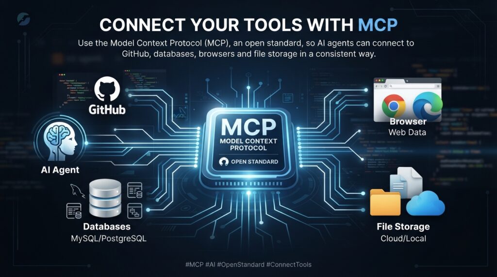 Use the Model Context Protocol (MCP), an open standard, so AI agents can connect to GitHub, databases, browsers and file storage in a consistent way.