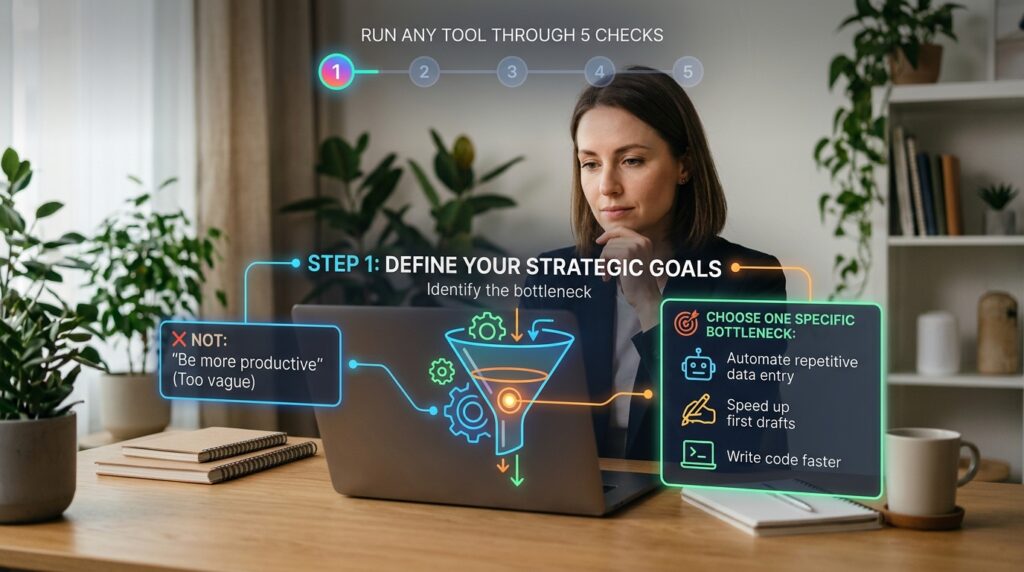 Define Your Strategic Goals

What to do: Name the one bottleneck you want to fix. Not "be more productive," but something specific, like automating repetitive data entry, speeding up first drafts or writing code faster.
