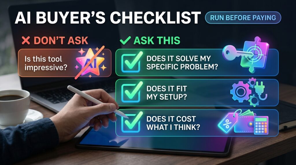 It's a short, repeatable checklist you run before paying for any AI software. Instead of asking "Is this tool impressive?", you ask "Does it solve my specific problem, fit my setup and cost what I think it costs?