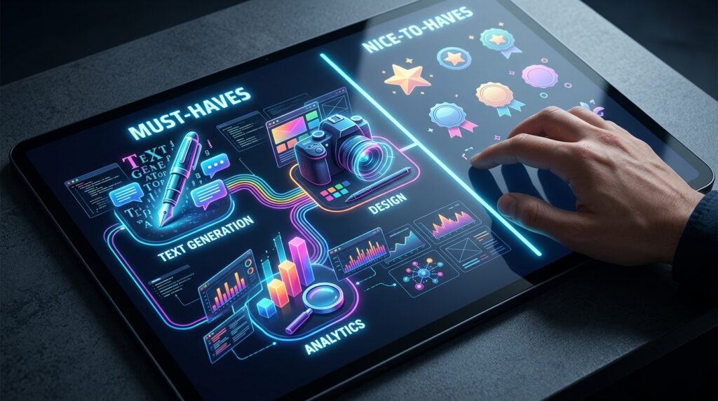 Map Core Capabilities What to do: Separate must-have features from nice-to-have ones, then favour tools that do one job exceptionally well, such as text generation, design or analytics.