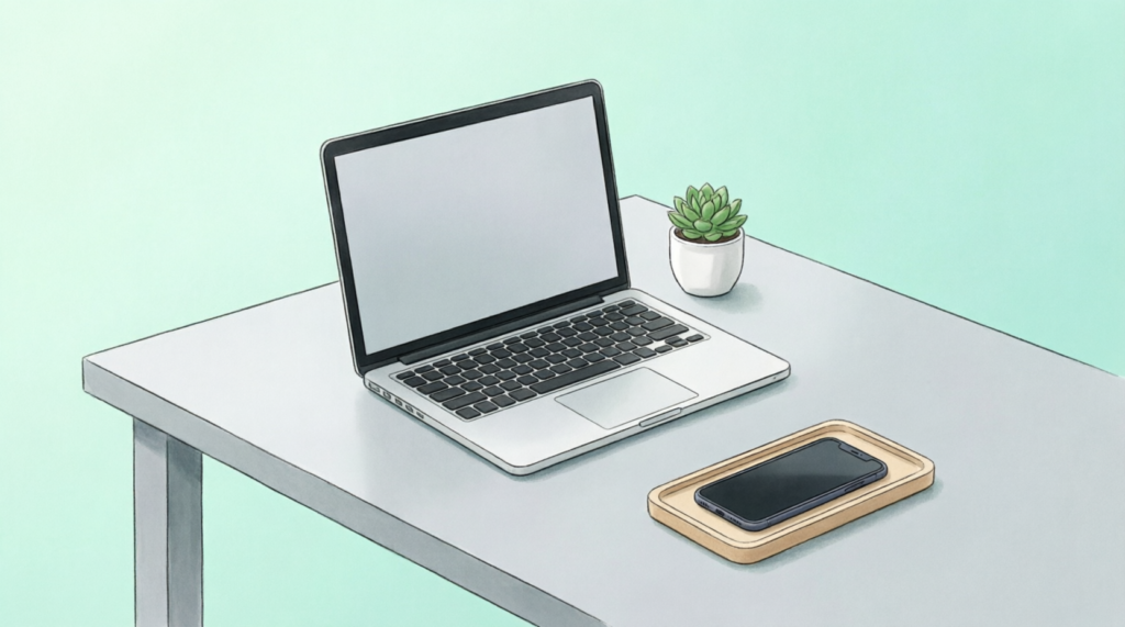 distraction-free remote work environment – clean workspace setup illustration.deep work routine