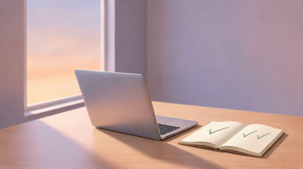 shutdown ritual for remote workers – closing the laptop end of day illustration.deep work routine
