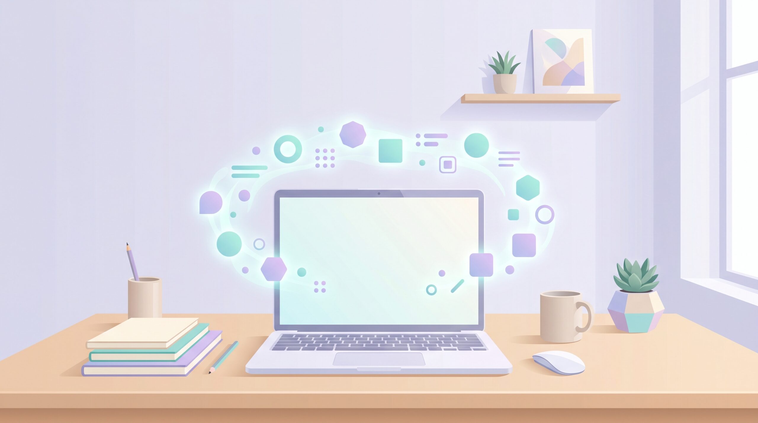 best ai tools for freelancers – multiple app icons surrounding a working freelancer's desk illustration.best ai tools for freelancers