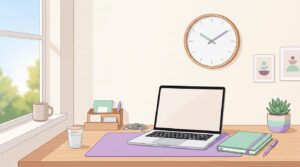 time management tips for remote workers – organized home office with clock illustration