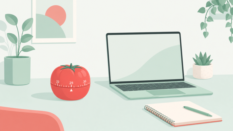 pomodoro timer set to 25 minutes beside a focused work desk illustration