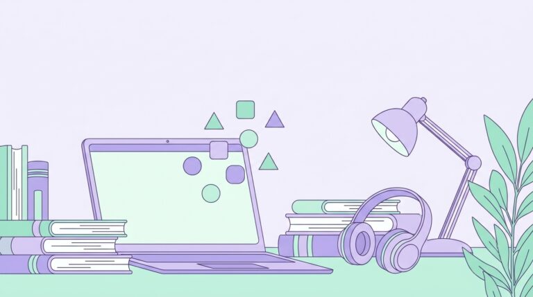 free ai tools for students – study desk with laptop and floating app icons illustration