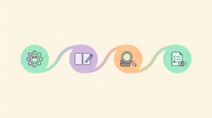 ai productivity workflow – connected AI tools and tasks flowing across a workday illustration