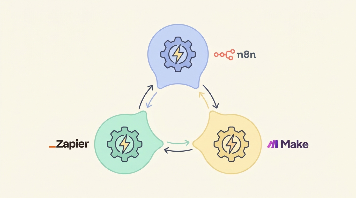 n8n vs zapier vs make – automation workflow comparison illustration