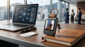 Meta AI charm device on keychain on desk