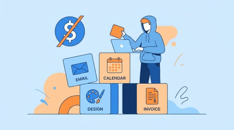 Freelancer assembling a zero-dollar freelance stack from free tools