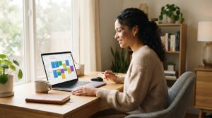Professional using an AI calendar scheduler on a laptop to plan their workday