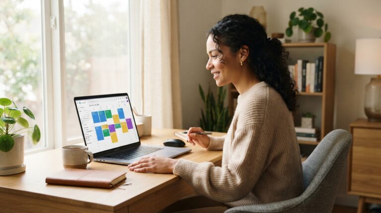 Professional using an AI calendar scheduler on a laptop to plan their workday