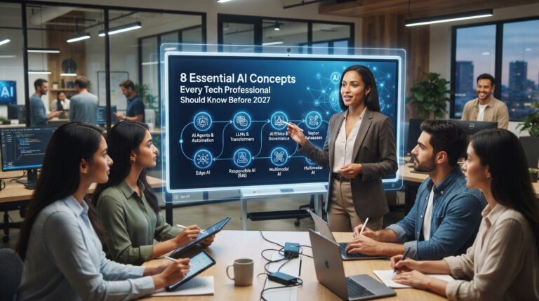 Tech professional reviewing an AI system diagram on a laptop