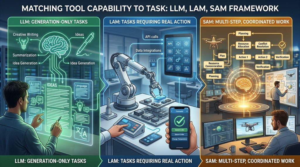 The real value of the LLM vs LAM vs SAM framework isn't memorizing three acronyms — it's having a practical way to match a tool's actual capability to what your task genuinely requires. Generation-only tasks need an LLM. Tasks requiring real action need LAM-level integration. Multi-step, coordinated work needs SAM-level planning and verification.